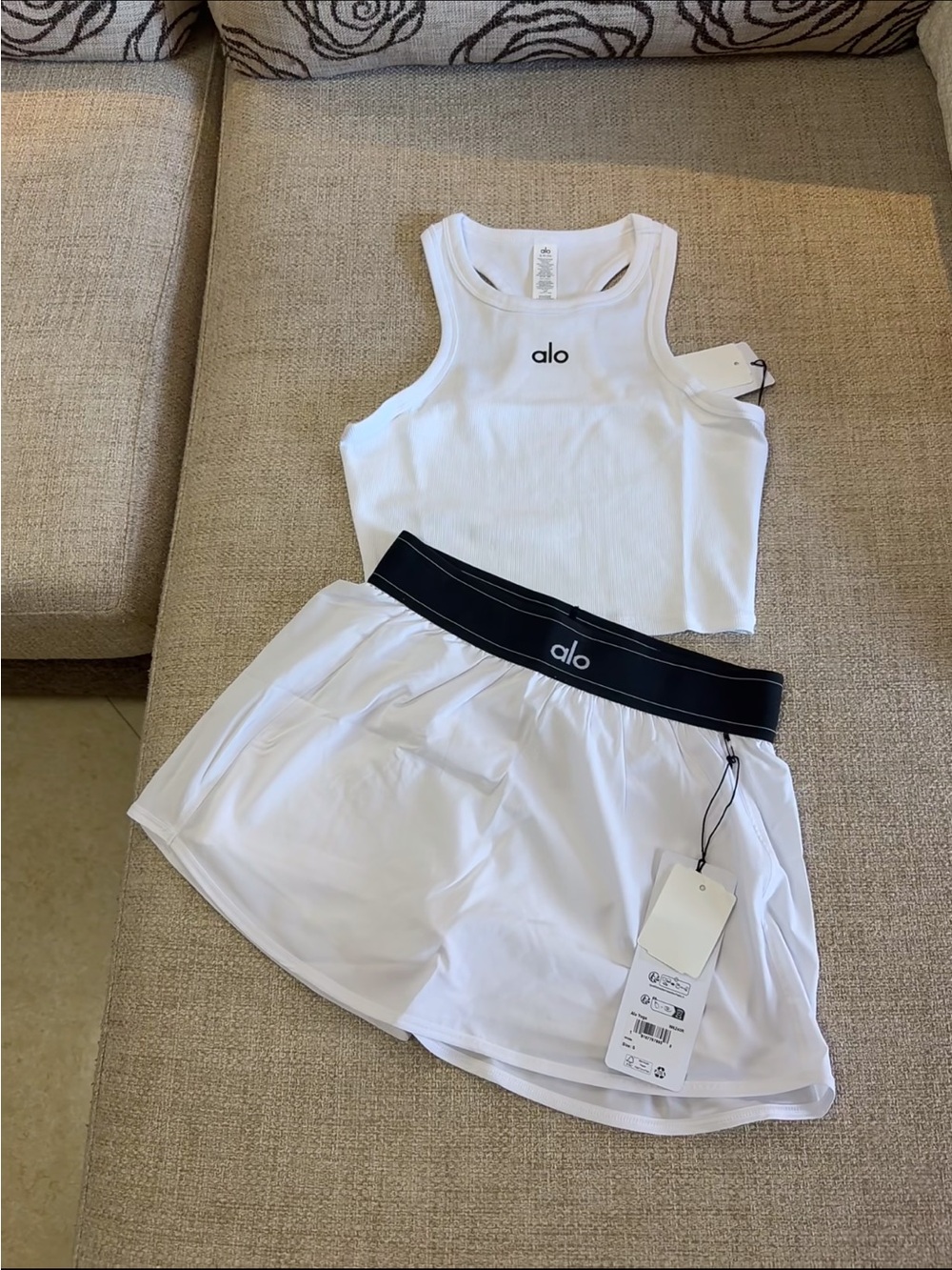 ALO Yoga White Ribbed Tank & White Skirt Set with Black Logo Waistband